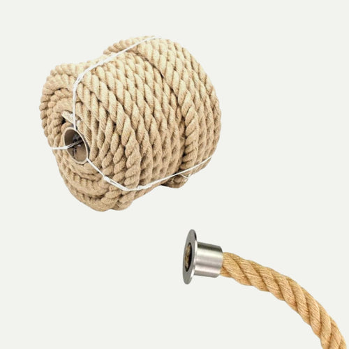 The Ironmonery Services 28mm Jute Decking Rope - Price Per M is shown coiled and secured with white string, with a close-up of the rope end fitted with a round metal cap and mounting plate.