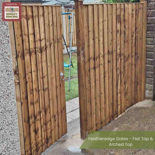 Two Bingley Fencing Featheredge Gates—one Flat Top, one Arched Top—stand side by side outdoors by a concrete wall. A green label reads: Featheredge Gates - Flat Top & Arched Top, stylish timber gates for any garden.