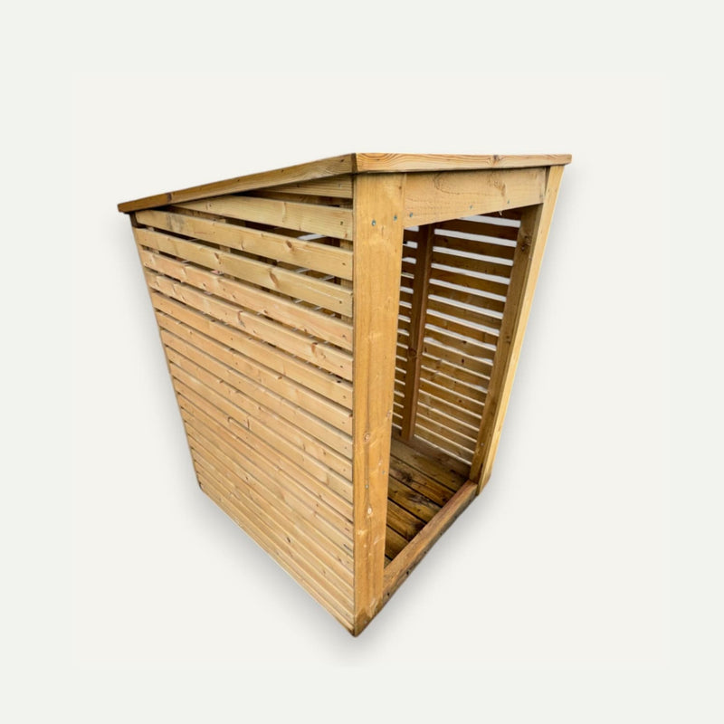 Load image into Gallery viewer, The Bingley Fencing Reduced Single Log Store with Felt Roof features slatted sides, a solid sloped roof with felt, an open front, and pressure treatment for durability, shown against a plain white background.
