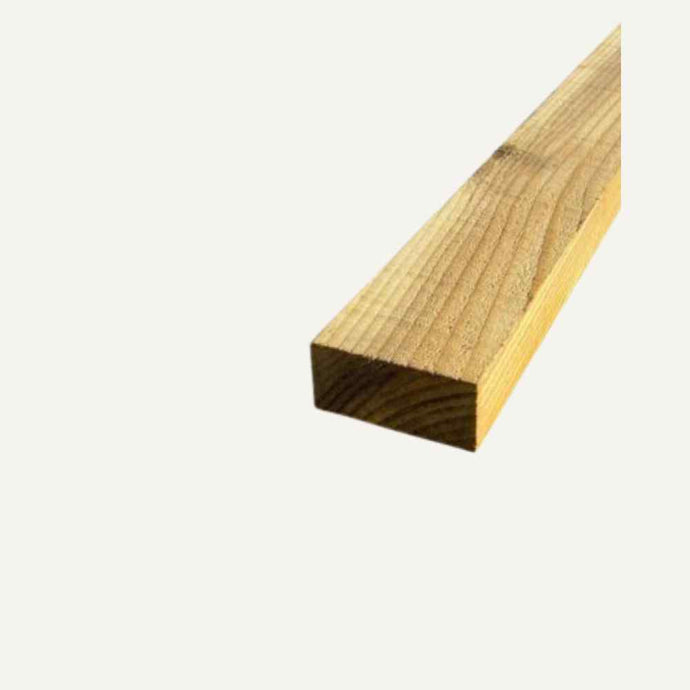 A C16 Carcassing Tanalised 100mm x 50mm - 4” x 2” piece from Bingley Fencing is presented diagonally from a top view against a plain white background, highlighting its grain and texture to emphasize its natural look and durability.