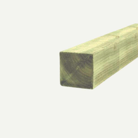 Close-up of a Bingley Fencing Side Rail with a 38mm x 38mm square cross-section against a light background. The natural grain and slightly greenish hue indicate that it could be pressure treated, making it ideal for timber framing or sturdy fence construction.