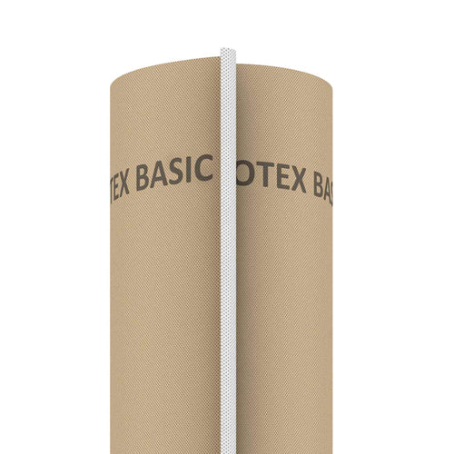 A cylindrical roll of STROTEX BASIC Roofing Membrane 115g/m² (50mx1.5m) by Strotex, brown with a white vertical strip and “TEX BASIC” printed on it; ideal as a breathable roofing membrane or wind barrier.