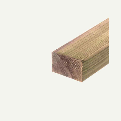 The Bingley Fencing C16 Carcassing Tanalised 75mm x 50mm - 3” x 2”, with a light greenish tone and smooth rectangular cross-section, is displayed against a white background. Its perfect for woodworking projects or cut-to-size timber needs in roofing and construction applications.