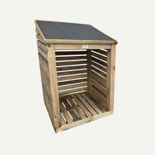 The Bespoke Single Log Store by Bingley Fencing features tanalised timber for durability, slatted sides for ventilation, and a shingled, slanted roof. Ideal for storing firewood or garden tools, this wooden outdoor shed is made to order with custom sizing available.