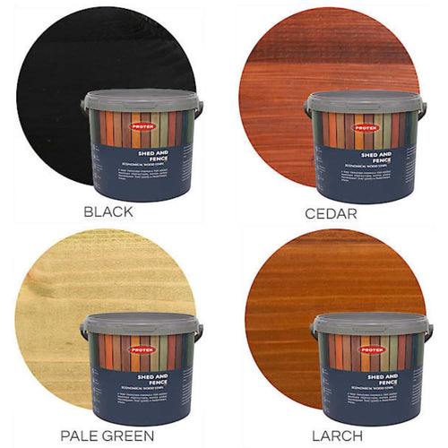 Four Protek Shed & Fence Stain 5 Litre buckets are displayed, each positioned in front of a matching color swatch: black, cedar (reddish brown), pale green, and larch (warm tan). Each bucket and swatch is clearly labeled with the corresponding shade name, showcasing the range of Protek shed and fence stain options designed to provide superior protection for garden timber.