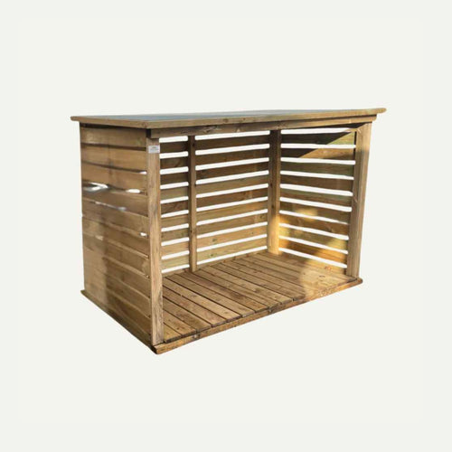 The Bingley Fencing Log Stores - Made to Measure features a slatted design with an open front and sides, topped with a flat rectangular roof. Constructed from natural wood, it is ideal for garden or patio use.