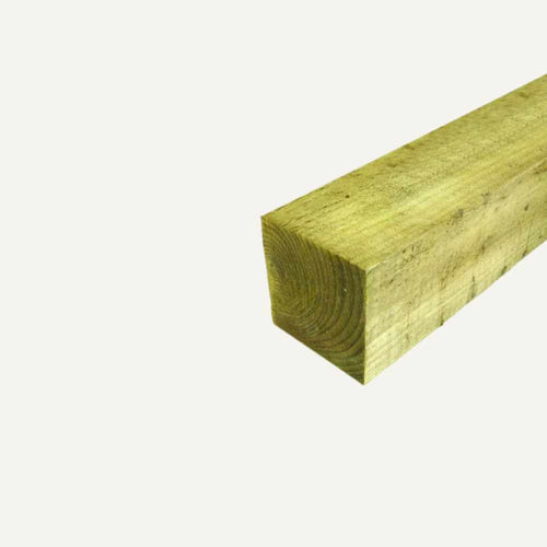 A close-up features a wooden plank with visible grain patterns against a white background. The greenish-brown hue suggests it may be tanalised, similar to Bingley Fencings Fence & Deck Posts - 4 x 4 (100mm x 100mm).