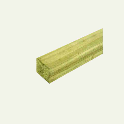 A rectangular beam, the Fence Rail/Batten 50mm x 50mm - 2â€ x 2â€ by Bingley Fencing, is subtly colored in a light green tint against a plain backdrop, and its pressure-treated surface ensures enhanced durability.