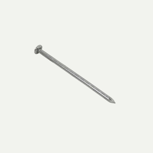 A 50mm round wire nail from a 500g bag rests against a plain light backdrop, highlighting its sleek, bright finish for versatile use.