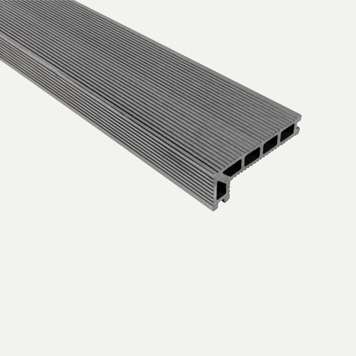 The Bingley Fencing deX Classic Composite Decking Boards 3.6m, shown here in gray with a grooved surface, square-edge profile, and hollow core channels against a plain white background, provide a low-maintenance and stylish solution ideal for modern outdoor spaces.