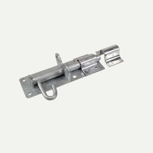 The 6" Heavy Duty Gate Padbolt - Galvanised from Henry Shaw includes a moveable bolt and padlock loop, making it ideal for gate ironmongery. It features a rectangular backing plate with screw holes for easy mounting, offering security and durability.