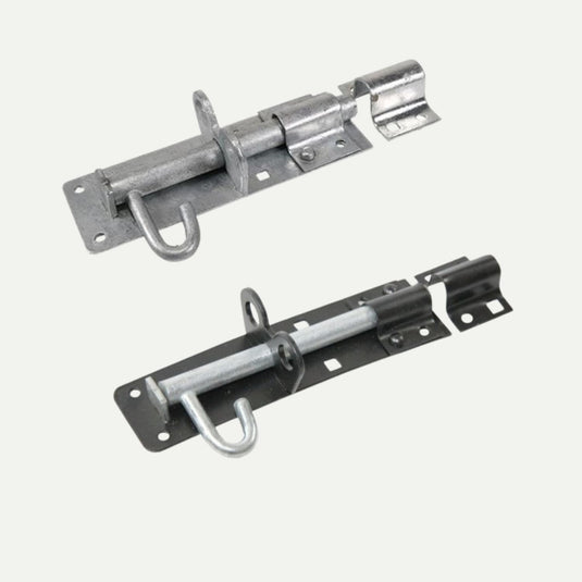 Two metal slide bolts are displayed, perfect for gate applications. The top one is a black 6