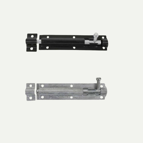 On a light background, two Henry Shaw Tower Bolts measuring 150mm (6") each demonstrate essential gate ironmongery. The top bolt is black and the bottom is galvanised, both featuring multiple mounting holes for easy installation, making them ideal fence fixings.