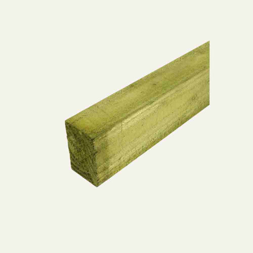 A pale green, pressure-treated timber beam from Bingley Fencing, measuring 3" x 1" (75mm x 22mm), is positioned at an angle against a plain, light background.