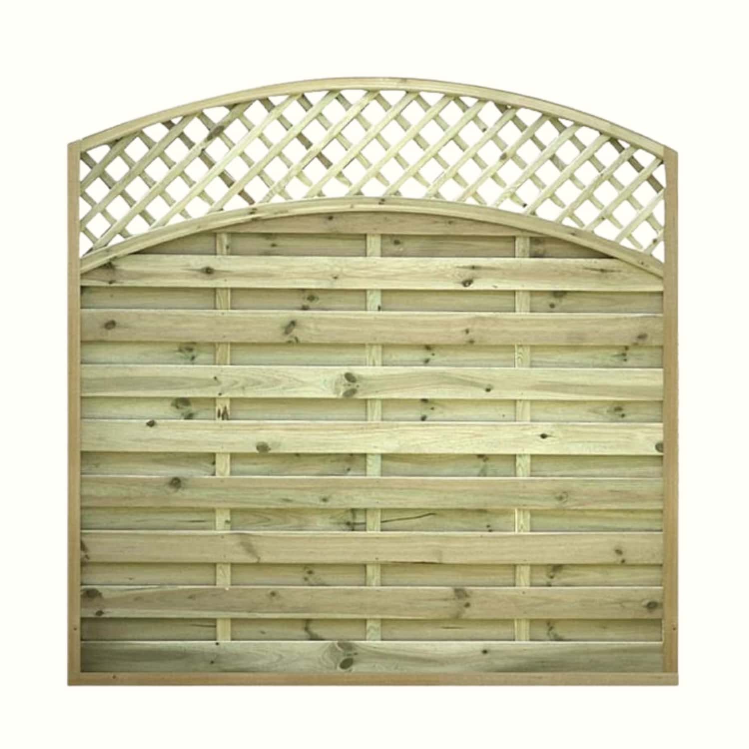 The KDM Arched Lattice Top Fence Panels (ALT180) are made from pressure treated timber, with horizontal slats at the bottom and a curved decorative lattice top, all framed in sturdy wood.