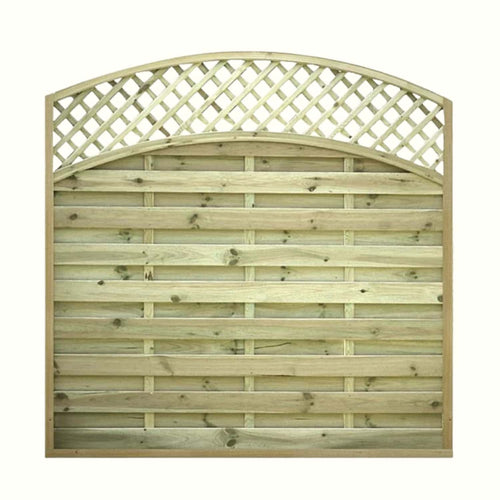 The KDM Arched Lattice Top Fence Panels (ALT180) are made from pressure treated timber, with horizontal slats at the bottom and a curved decorative lattice top, all framed in sturdy wood.
