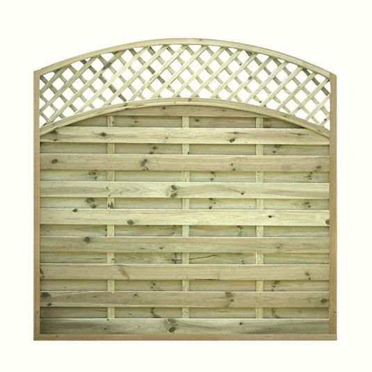 The KDM Arched Lattice Top Fence Panels (ALT180) are made from pressure treated timber, with horizontal slats at the bottom and a curved decorative lattice top, all framed in sturdy wood.