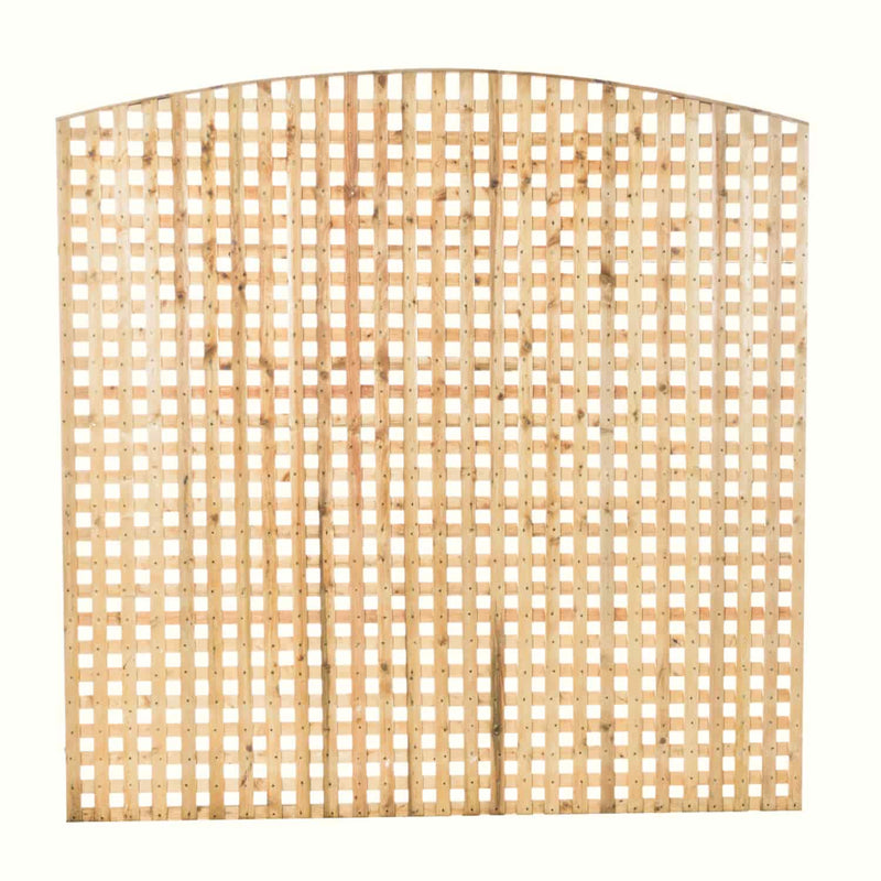 Load image into Gallery viewer, The Bingley Fencing Arched Chequerboard Trellis Panel features a pressure-treated wooden lattice with an elegant curved top and evenly spaced square openings, displayed against a plain white background.

