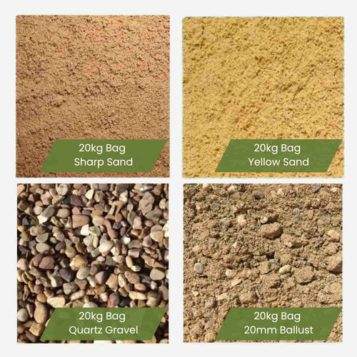 Four labeled close-up images, in a tidy 2x2 grid, show sharp sand, yellow sand, quartz gravel, and Bingley Fencing Mixed Ballast 20mm 20kg Bag—each ideal for concrete mixing.