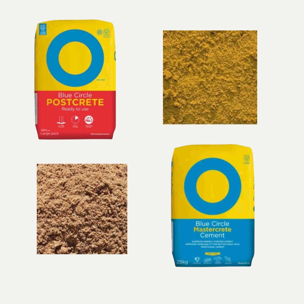 Two bags of Blue Circle cement products (Postcrete and Mastercrete) are shown, each next to piles of their respective contents: brownish Postcrete mix and a yellowish-brown Mastercrete mix.