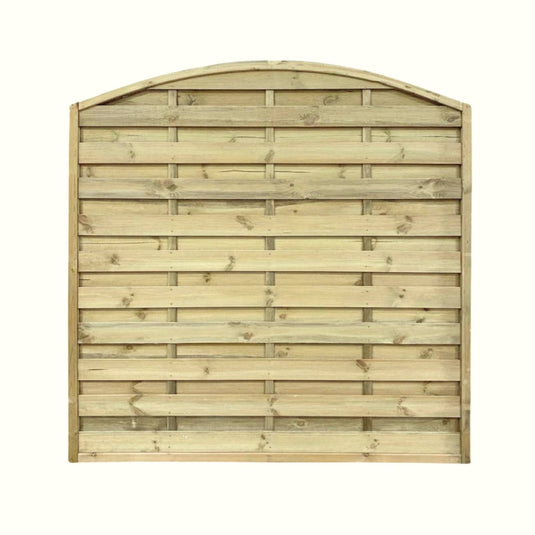 The KDM Arched Horizontal Fence Panel (AH180) features horizontal slats and a curved top, crafted from light-colored, pressure-treated timber for enhanced durability.
