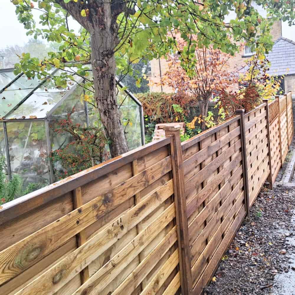 A wooden garden fence runs alongside a gravel path, with a tree and a glass greenhouse to the left and autumn-colored bushes and a house in the background.