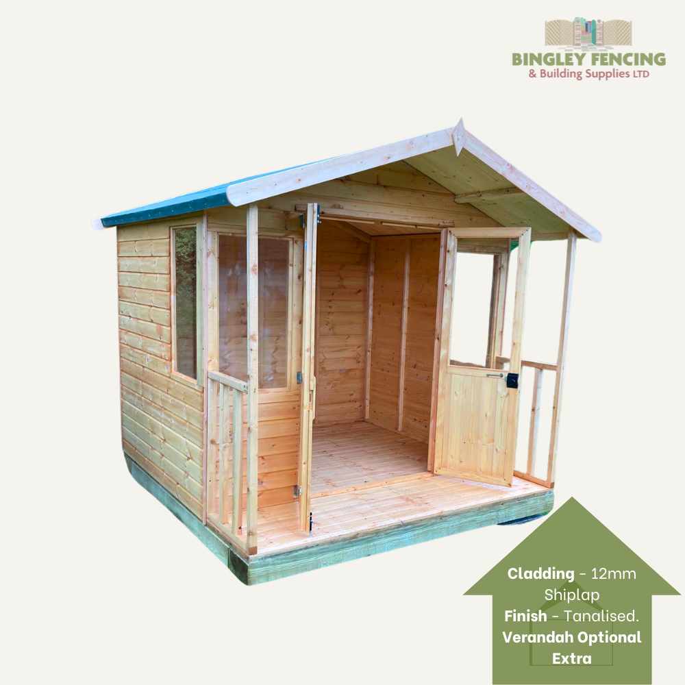 This Apex Summerhouse, custom-built by Bingley Fencing, features 12mm shiplap cladding and a tanalised finish. Its open design highlights the interior, offering an optional veranda, ideal for use as a Bingley Fencing Summerhouse.