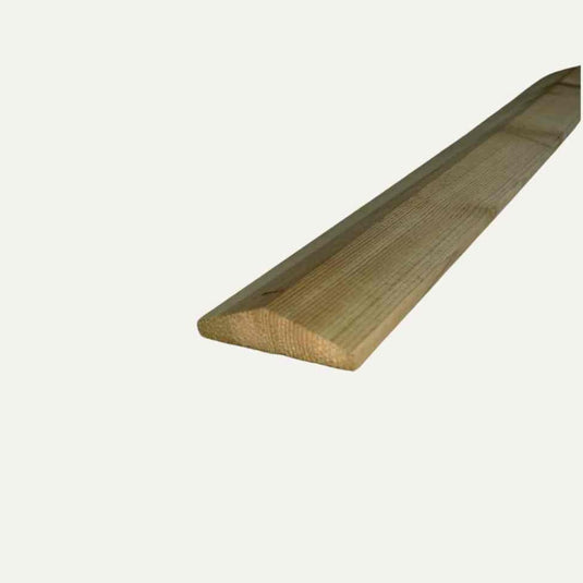 A detailed view of the Fence Panel Capping - Apex Shape by Bingley Fencing showcases its beveled edge, perfect for enhancing an outdoor space. This pressure-treated wood boasts a smooth surface and natural grain texture, making it an ideal choice for fence capping against a plain backdrop.