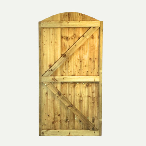 The Bingley Fencing Featheredge Gates - Arched Top features vertical planks with a Z-shaped support frame and a natural finish, set against a plain white background—ideal for Bradford gate installation.