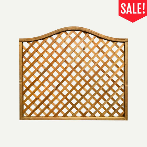 Omega Arched Top Trellis Panel 180cm x 155cm – Clearance featuring a wooden lattice design with an arched top and a red sale badge in the corner.