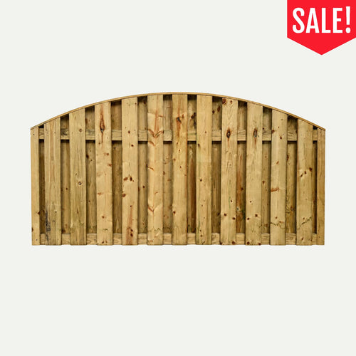 Double-sided arched Arched Paling Fence Panel 1830mm x 910mm – Double Sided – Clearance with a red sale tag in the corner, offering a decorative fencing solution for garden boundaries.