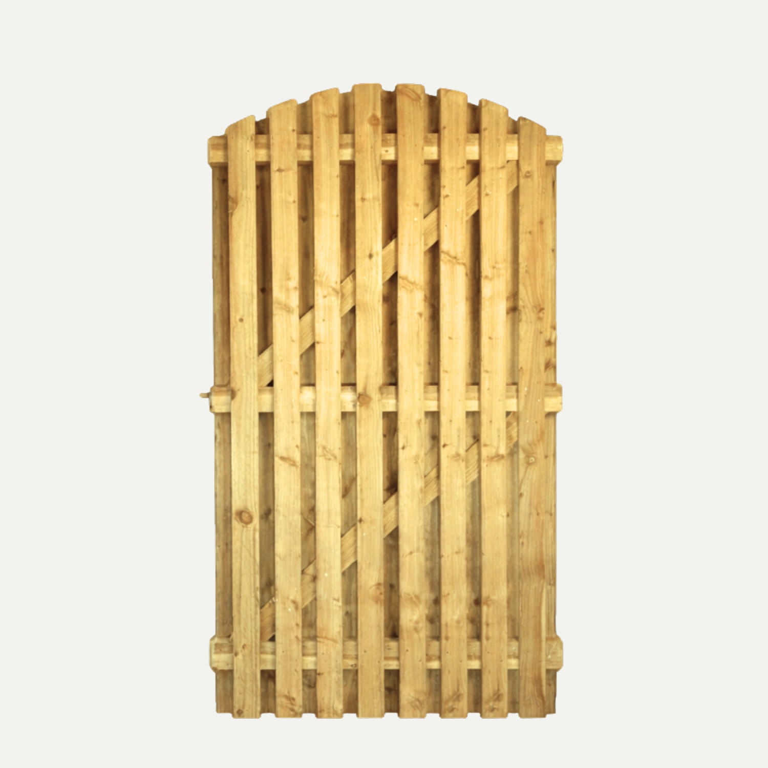 The Bingley Fencing Paling Gates Double Sided 2" Gaps - Arched Top, made from treated light-colored timber with vertical slats, stands out against a plain white background—perfect as a sturdy outdoor wooden gate for your garden.