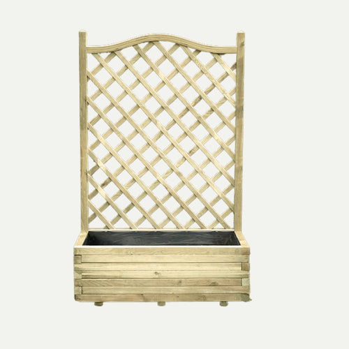 The KDM Planter with Trellis - European Range - PT features a crisscross lattice with a curved top, ideal for supporting climbing plants.