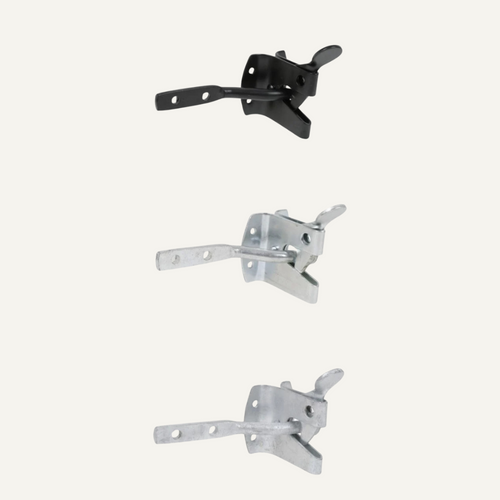 Three distinct metal toggle clamps from Henry Shaw's Auto Gate Catches collection, essential ironmongery tools, are displayed vertically on a light background: the top clamp is black, the middle one silver with a central hinge, and the bottom clamp silver with a simple design. These are ideal for gate catch and other gate/fence fixings.