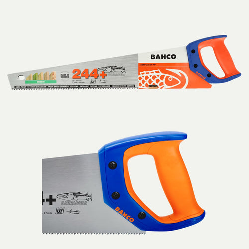 Bahco 244-22-U7/8-HP Hardpoint Handsaw 550mm featuring a steel blade, an orange and blue plastic handle, and graphics of a barracuda.