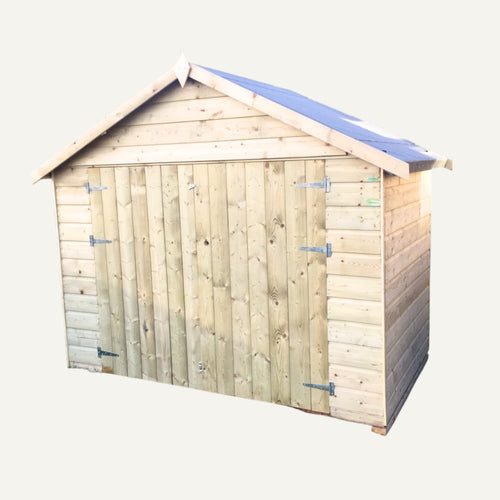 Introducing the Bike Storage Shed VICKI Test by Bingley Fencing—a compact wooden garden shed featuring a pitched roof, vertical wood panel doors with metal hinges, and horizontal siding. Perfect for outdoor bike storage, this versatile shed is an excellent choice for those interested in a Bradford bike shed installation, offering secure and sheltered protection for your bikes. Displayed against a simple, light background.