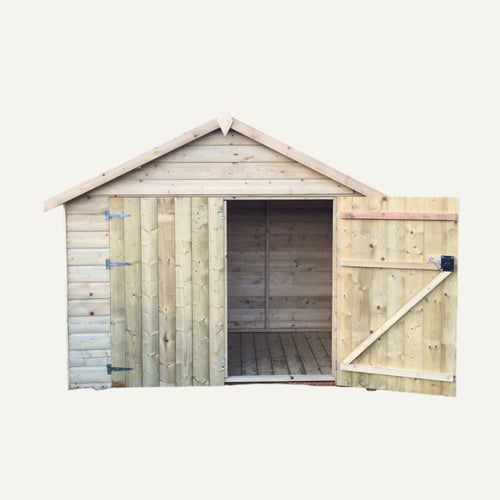 The Bingley Fencing Bike Storage Shed VICKI Test features a sturdy wooden construction with a pitched roof, open double doors, and a spacious empty interior—ideal for use as an outdoor bike storage solution or bike storage shed. Shown against a plain white background, it’s perfect for anyone considering Bradford bike shed installation.