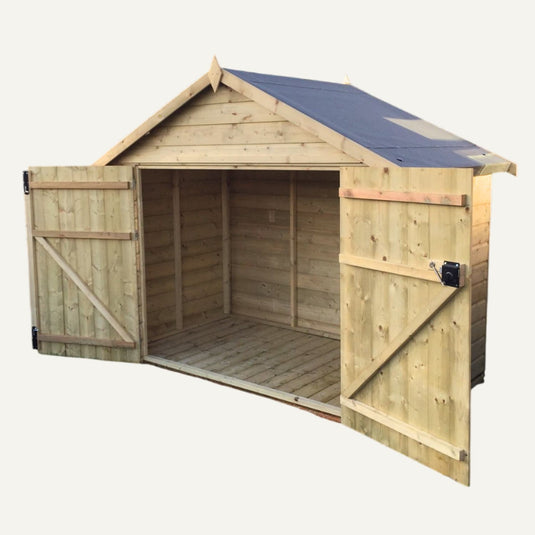 A Bike Storage Shed VICKI Test by Bingley Fencing stands with its double doors wide open, revealing a spacious empty interior and a sloped roof with a small skylight. Constructed from light-colored wood panels, this shed is an excellent choice for outdoor bike storage or for those considering a Bingley Fencing Bike Storage Shed VICKI Test installation.