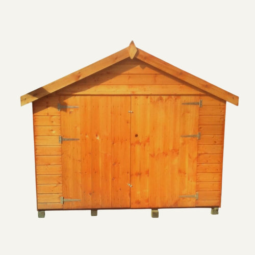 Bike Storage Shed VICKI Test by Bingley Fencing, featuring double doors with visible metal hinges and a pitched roof, is ideal for outdoor bike storage. Shown isolated on a white background.