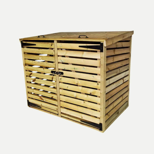 The Bin Store by Bingley Fencing features two slatted front doors and a hinged lid with black metal handles and hinges, crafted from light-colored, pressure-treated timber—ideal for securely storing garden tools or equipment.