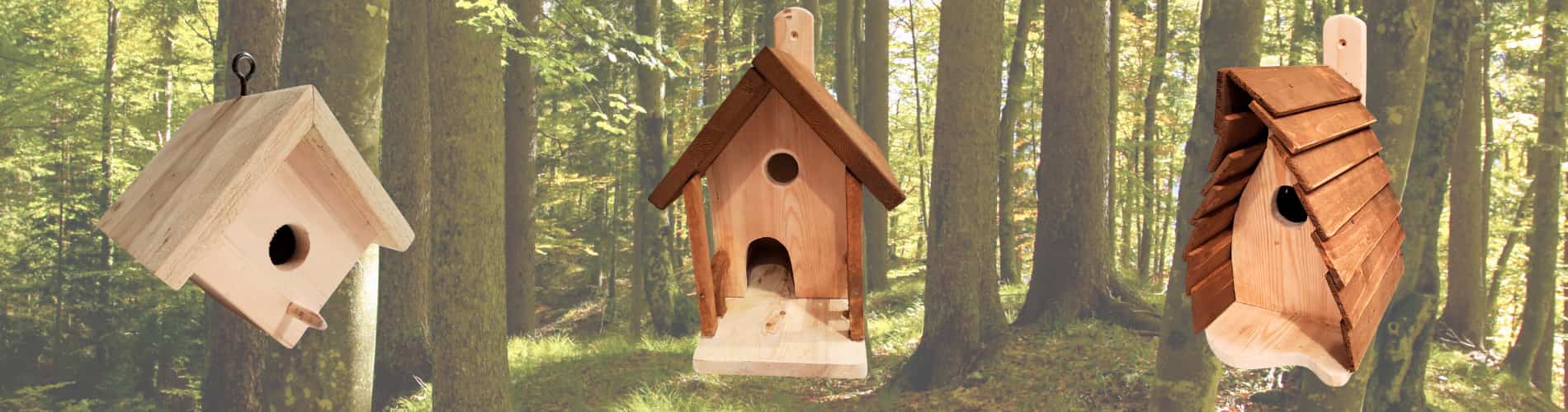 Three different wooden birdhouses are displayed in a sunlit forest, each with a unique design and wood finish, hanging or mounted among tall trees with green foliage in the background.