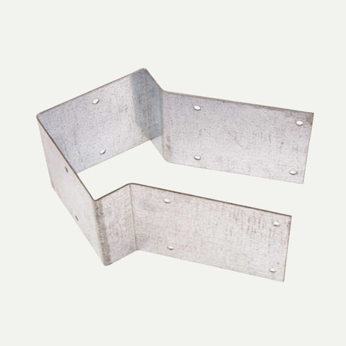 Bingley Fencing Birdsmouth Post Straps for 4" x 4" Timber Posts are galvanized Z-shaped brackets with six holes, perfect for securing timber posts in post and rail fencing or carpentry projects.