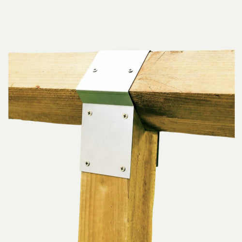 The Bingley Fencing Birdsmouth Post Straps for 4" x 4" timber posts securely join two posts at a right angle, creating a strong joint for construction or fencing. The metal straps are fastened with screws.
