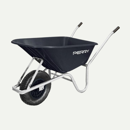 A black KDM 110L Garden Wheelbarrow with a single front wheel and two comfort-grip metal handles.