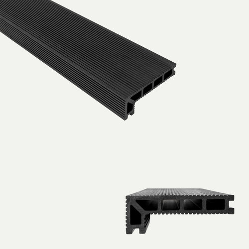 The image displays a deX Classic Composite Decking Board in black from Bingley Fencing, viewed from an angled top perspective and a cross-sectional side view that reveals its internal rectangular hollow chambers. This low-maintenance decking solution combines fine grooves with a durable construction for both practicality and modern visual appeal.