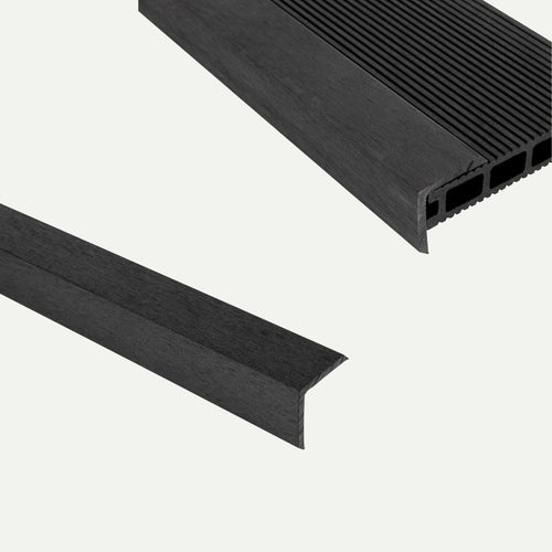 Two black, L-shaped trim pieces from the Bingley Fencing deX Classic Composite Decking Boards range (3.6m, available in four colours) are displayed on a white background. Constructed from composite decking material, one piece showcases a textured top with hollow sections for enhanced durability, while the other features a smooth surface with a right-angled edge—providing a stylish and low-maintenance decking solution.