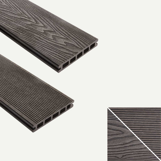 A close-up image shows two gray composite decking boards—one with a wood grain texture, the other with a narrow-groove surface—highlighting the detailed patterns of each. The hollow sections are visible at the ends of the boards. These boards are designed for installation using Valdern Intermediate Composite Decking Clips Fixings with Black Screws (6mm Gap - Bag of 50), allowing for a clean, seamless finish with hidden T-clips between each board.