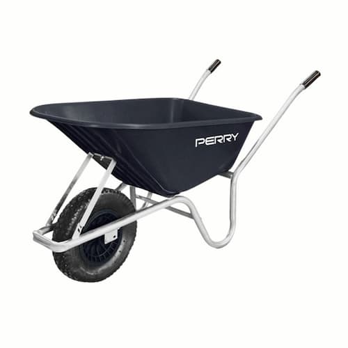 A black wheelbarrow with metal handles and a single front wheel. The word PERRY is printed in white on the side of the bin.