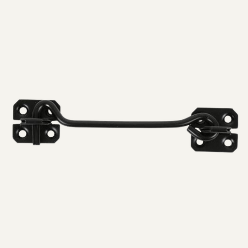 Load image into Gallery viewer, The Henry Shaw Wire Cabin Hook - 8 in black, features a simple design with two rectangular plates and three screw holes for easy installation. The slightly arched hook is positioned horizontally for versatile surface-mounted locking solutions.
