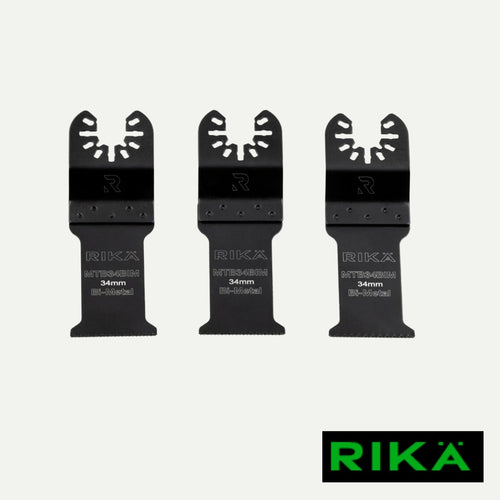 Three RIKÄ 34mm Bi-Metal Multi Tool Saw Blades from RIKA are arranged side by side. Each blade is crafted from robust M42 bi-metal, features a segmented design for versatile cutting tasks, and provides universal quick release compatibility for multi-tools. The distinctive RIKA logo appears in the bottom right corner.
